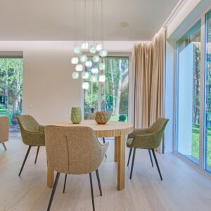 Ceiling light with multiple fused glass hexagon shaped pendants. Dining room lighting. HexaLights collection.